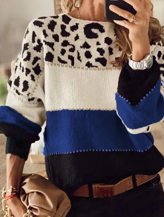 Sale Women's Sweater Casual Soft Leopard Ribbed Crew Neck Knitted Long Sleeve Regular Tops Knit Outdoor Daily Weekend Red Blue Fall Winter Women Pullovers & Tops