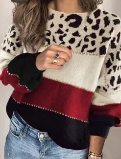 Sale Women's Sweater Casual Soft Leopard Ribbed Crew Neck Knitted Long Sleeve Regular Tops Knit Outdoor Daily Weekend Red Blue Fall Winter Women Pullovers & Tops