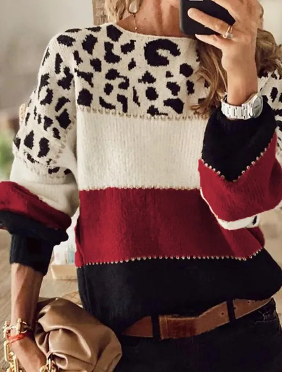 Sale Women's Sweater Casual Soft Leopard Ribbed Crew Neck Knitted Long Sleeve Regular Tops Knit Outdoor Daily Weekend Red Blue Fall Winter Women Pullovers & Tops