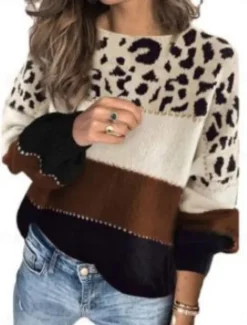 Sale Women's Sweater Casual Soft Leopard Ribbed Crew Neck Knitted Long Sleeve Regular Tops Knit Outdoor Daily Weekend Red Blue Fall Winter Women Pullovers & Tops