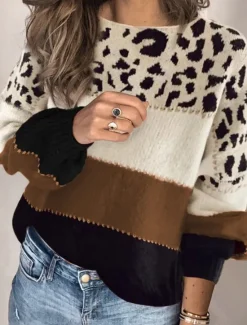 Sale Women's Sweater Casual Soft Leopard Ribbed Crew Neck Knitted Long Sleeve Regular Tops Knit Outdoor Daily Weekend Red Blue Fall Winter Women Pullovers & Tops