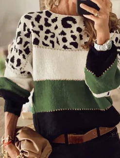Sale Women's Sweater Casual Soft Leopard Ribbed Crew Neck Knitted Long Sleeve Regular Tops Knit Outdoor Daily Weekend Red Blue Fall Winter Women Pullovers & Tops