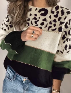 Sale Women's Sweater Casual Soft Leopard Ribbed Crew Neck Knitted Long Sleeve Regular Tops Knit Outdoor Daily Weekend Red Blue Fall Winter Women Pullovers & Tops