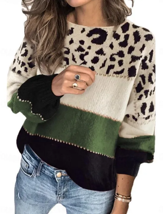 Sale Women's Sweater Casual Soft Leopard Ribbed Crew Neck Knitted Long Sleeve Regular Tops Knit Outdoor Daily Weekend Red Blue Fall Winter Women Pullovers & Tops