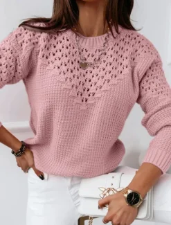 Sale Women's Sweater Casual Soft Pure Color Ribbed Crew Neck Knitted Long Sleeve Regular Tops Knit Outdoor Daily Weekend White Pink Fall Winter Women Pullovers & Tops