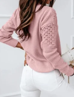 Sale Women's Sweater Casual Soft Pure Color Ribbed Crew Neck Knitted Long Sleeve Regular Tops Knit Outdoor Daily Weekend White Pink Fall Winter Women Pullovers & Tops