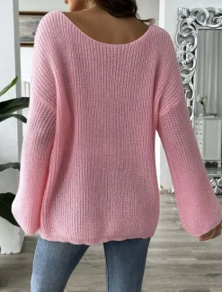Online Women's Sweater Casual Soft Pure Color Ribbed Boat Neck Beaded Knitted Long Sleeve Regular Tops Knit Outdoor Daily Weekend Black White Fall Winter Women Pullovers & Tops