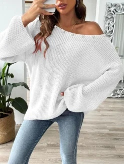 Online Women's Sweater Casual Soft Pure Color Ribbed Boat Neck Beaded Knitted Long Sleeve Regular Tops Knit Outdoor Daily Weekend Black White Fall Winter Women Pullovers & Tops