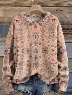 Discount Women's Sweater Casual Soft Floral Graphic Ribbed Crew Neck Knitted Print Long Sleeve Regular Tops Knit Outdoor Daily Weekend Pink Fuchsia Fall Winter Women Pullovers & Tops