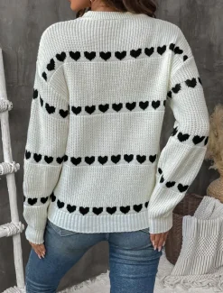 Clearance Women's Sweater Casual Soft Heart Ribbed Crew Neck Knitted Long Sleeve Regular Tops Knit Outdoor Daily Weekend Fall Winter Women Pullovers & Tops