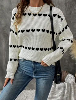 Clearance Women's Sweater Casual Soft Heart Ribbed Crew Neck Knitted Long Sleeve Regular Tops Knit Outdoor Daily Weekend Fall Winter Women Pullovers & Tops