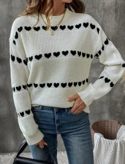 Clearance Women's Sweater Casual Soft Heart Ribbed Crew Neck Knitted Long Sleeve Regular Tops Knit Outdoor Daily Weekend Fall Winter Women Pullovers & Tops