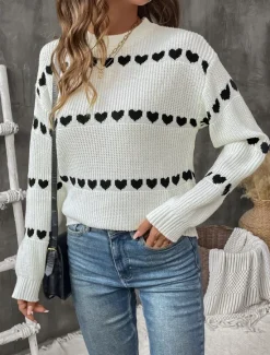 Clearance Women's Sweater Casual Soft Heart Ribbed Crew Neck Knitted Long Sleeve Regular Tops Knit Outdoor Daily Weekend Fall Winter Women Pullovers & Tops