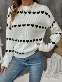 Clearance Women's Sweater Casual Soft Heart Ribbed Crew Neck Knitted Long Sleeve Regular Tops Knit Outdoor Daily Weekend Fall Winter Women Pullovers & Tops