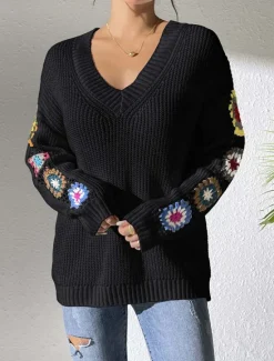 New Women's Sweater Casual Soft Floral Crochet V Neck Knitted Long Sleeve Regular Tops Knit Outdoor Daily Weekend Black White Fall Winter Women Pullovers & Tops