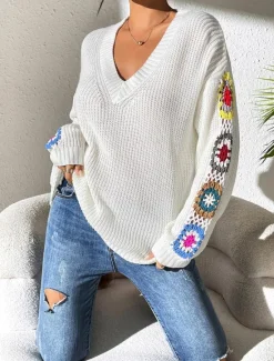 New Women's Sweater Casual Soft Floral Crochet V Neck Knitted Long Sleeve Regular Tops Knit Outdoor Daily Weekend Black White Fall Winter Women Pullovers & Tops