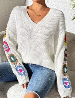 New Women's Sweater Casual Soft Floral Crochet V Neck Knitted Long Sleeve Regular Tops Knit Outdoor Daily Weekend Black White Fall Winter Women Pullovers & Tops