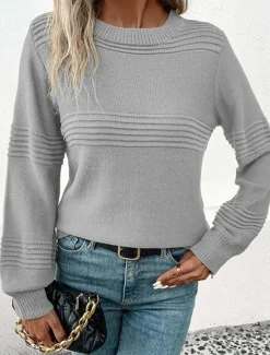 Women's Sweater Casual Soft Pure Color Ribbed Crew Neck Knitted Long Sleeve Regular Tops Knit Outdoor Daily Weekend Army Green Coffee Fall Winter Women Pullovers & Tops