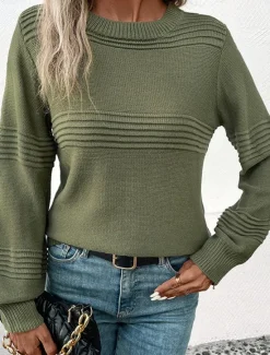 Women's Sweater Casual Soft Pure Color Ribbed Crew Neck Knitted Long Sleeve Regular Tops Knit Outdoor Daily Weekend Army Green Coffee Fall Winter Women Pullovers & Tops
