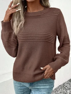 Women's Sweater Casual Soft Pure Color Ribbed Crew Neck Knitted Long Sleeve Regular Tops Knit Outdoor Daily Weekend Army Green Coffee Fall Winter Women Pullovers & Tops