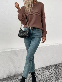 Women's Sweater Casual Soft Pure Color Ribbed Crew Neck Knitted Long Sleeve Regular Tops Knit Outdoor Daily Weekend Army Green Coffee Fall Winter Women Pullovers & Tops