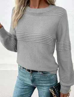 Women's Sweater Casual Soft Pure Color Ribbed Crew Neck Knitted Long Sleeve Regular Tops Knit Outdoor Daily Weekend Army Green Coffee Fall Winter Women Pullovers & Tops