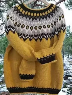 New Women's Sweater Casual Soft Geometric Ribbed Crew Neck Knitted Long Sleeve Regular Tops Knit Outdoor Daily Weekend Yellow Navy Blue Fall Winter Women Pullovers & Tops