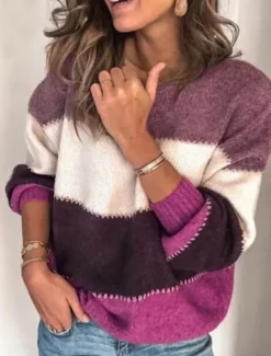 Discount Women's Sweater Casual Soft Striped Ribbed Crew Neck Patchwork Knitted Long Sleeve Regular Tops Knit Outdoor Daily Weekend Blue Purple Fall Winter Women Pullovers & Tops