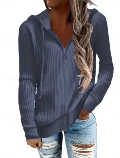 Sale Women's Sweater Casual Soft Pure Color Ribbed Hooded Knitted Long Sleeve Regular Tops Knit Outdoor Daily Weekend Black White Fall Winter Women Cardigans & Outerwears