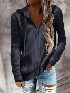 Sale Women's Sweater Casual Soft Pure Color Ribbed Hooded Knitted Long Sleeve Regular Tops Knit Outdoor Daily Weekend Black White Fall Winter Women Cardigans & Outerwears