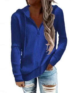 Sale Women's Sweater Casual Soft Pure Color Ribbed Hooded Knitted Long Sleeve Regular Tops Knit Outdoor Daily Weekend Black White Fall Winter Women Cardigans & Outerwears