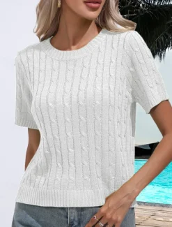 Sale Women's Sweater Casual Soft Pure Color Ribbed Crew Neck Knitted Short Sleeves Regular Tops Knit Daily Weekend White Green Summer Spring Women Pullovers & Tops