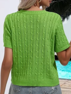 Sale Women's Sweater Casual Soft Pure Color Ribbed Crew Neck Knitted Short Sleeves Regular Tops Knit Daily Weekend White Green Summer Spring Women Pullovers & Tops
