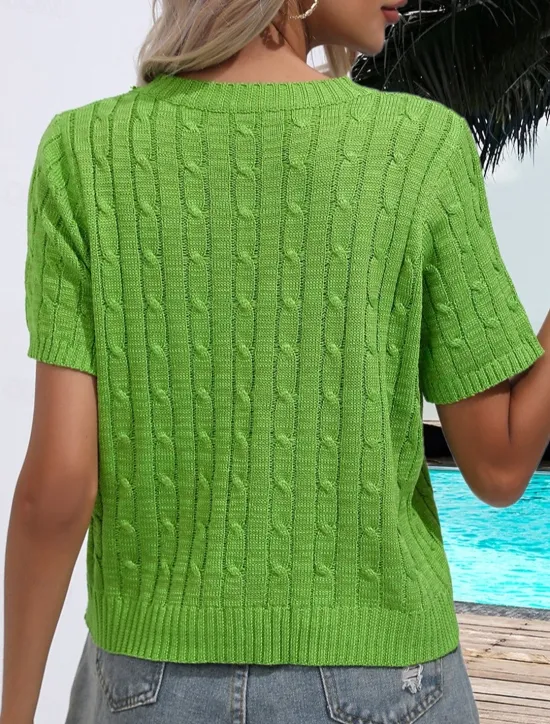 Sale Women's Sweater Casual Soft Pure Color Ribbed Crew Neck Knitted Short Sleeves Regular Tops Knit Daily Weekend White Green Summer Spring Women Pullovers & Tops