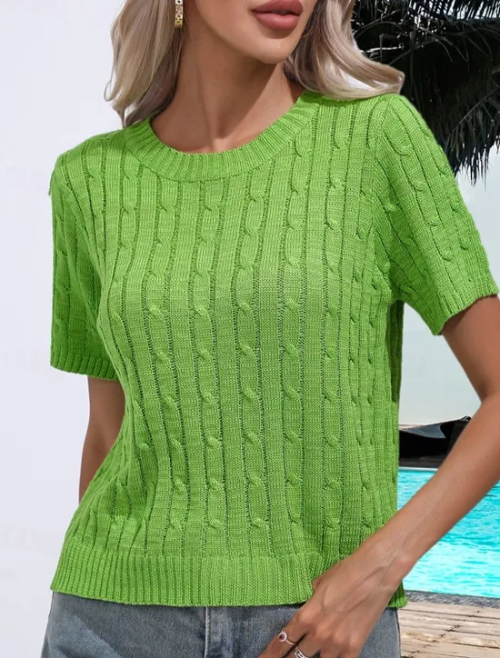 Sale Women's Sweater Casual Soft Pure Color Ribbed Crew Neck Knitted Short Sleeves Regular Tops Knit Daily Weekend White Green Summer Spring Women Pullovers & Tops