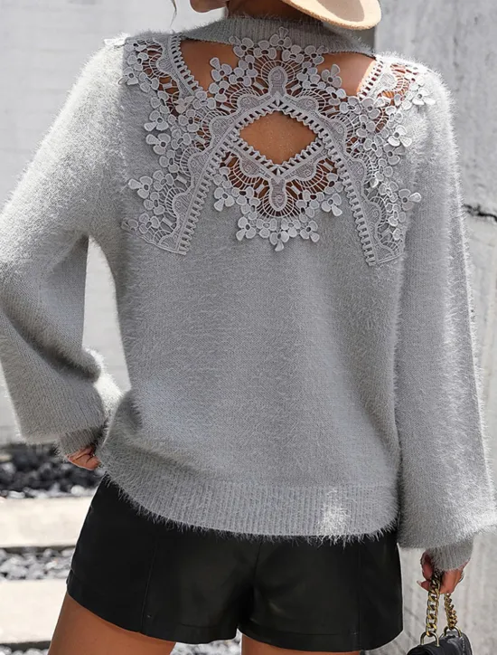 Clearance Women's Sweater Casual Soft Pure Color Ribbed Crew Neck Lace Patchwork Knitted Long Sleeve Regular Tops Knit Outdoor Daily Weekend Black White Fall Winter Women Pullovers & Tops