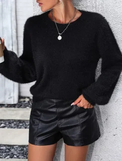 Clearance Women's Sweater Casual Soft Pure Color Ribbed Crew Neck Lace Patchwork Knitted Long Sleeve Regular Tops Knit Outdoor Daily Weekend Black White Fall Winter Women Pullovers & Tops
