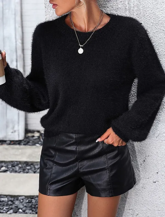 Clearance Women's Sweater Casual Soft Pure Color Ribbed Crew Neck Lace Patchwork Knitted Long Sleeve Regular Tops Knit Outdoor Daily Weekend Black White Fall Winter Women Pullovers & Tops