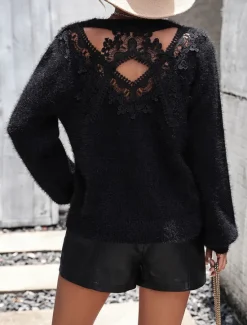 Clearance Women's Sweater Casual Soft Pure Color Ribbed Crew Neck Lace Patchwork Knitted Long Sleeve Regular Tops Knit Outdoor Daily Weekend Black White Fall Winter Women Pullovers & Tops