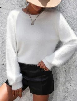 Clearance Women's Sweater Casual Soft Pure Color Ribbed Crew Neck Lace Patchwork Knitted Long Sleeve Regular Tops Knit Outdoor Daily Weekend Black White Fall Winter Women Pullovers & Tops