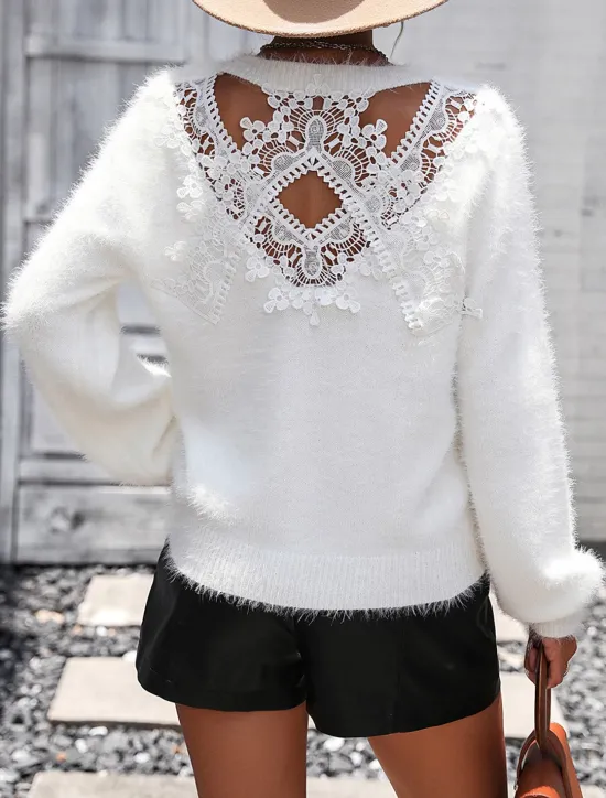 Clearance Women's Sweater Casual Soft Pure Color Ribbed Crew Neck Lace Patchwork Knitted Long Sleeve Regular Tops Knit Outdoor Daily Weekend Black White Fall Winter Women Pullovers & Tops