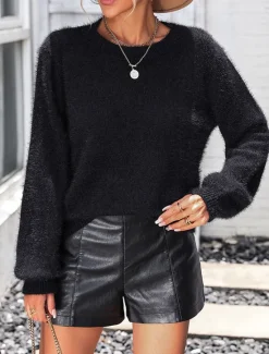 Clearance Women's Sweater Casual Soft Pure Color Ribbed Crew Neck Lace Patchwork Knitted Long Sleeve Regular Tops Knit Outdoor Daily Weekend Black White Fall Winter Women Pullovers & Tops