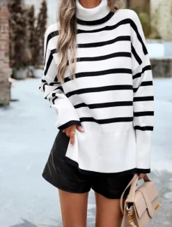 Discount Women's Sweater Casual Soft Striped Ribbed Turtleneck Knitted Long Sleeve Regular Tops Knit Outdoor Daily Weekend White Brown Fall Winter Women Pullovers & Tops