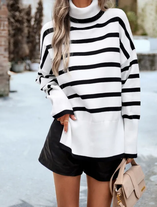 Discount Women's Sweater Casual Soft Striped Ribbed Turtleneck Knitted Long Sleeve Regular Tops Knit Outdoor Daily Weekend White Brown Fall Winter Women Pullovers & Tops
