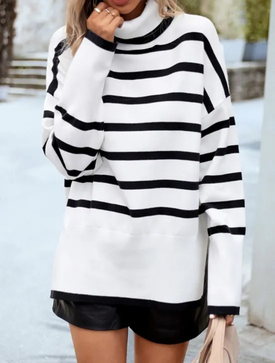 Discount Women's Sweater Casual Soft Striped Ribbed Turtleneck Knitted Long Sleeve Regular Tops Knit Outdoor Daily Weekend White Brown Fall Winter Women Pullovers & Tops
