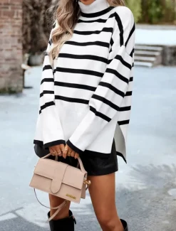Discount Women's Sweater Casual Soft Striped Ribbed Turtleneck Knitted Long Sleeve Regular Tops Knit Outdoor Daily Weekend White Brown Fall Winter Women Pullovers & Tops