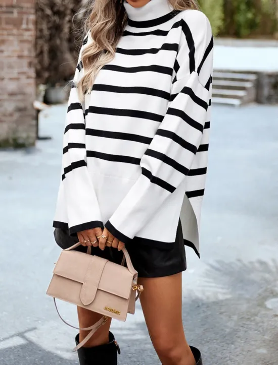 Discount Women's Sweater Casual Soft Striped Ribbed Turtleneck Knitted Long Sleeve Regular Tops Knit Outdoor Daily Weekend White Brown Fall Winter Women Pullovers & Tops