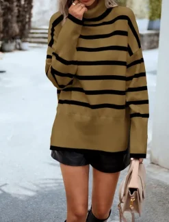 Discount Women's Sweater Casual Soft Striped Ribbed Turtleneck Knitted Long Sleeve Regular Tops Knit Outdoor Daily Weekend White Brown Fall Winter Women Pullovers & Tops