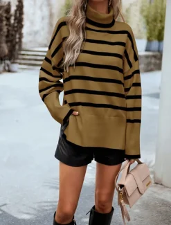Discount Women's Sweater Casual Soft Striped Ribbed Turtleneck Knitted Long Sleeve Regular Tops Knit Outdoor Daily Weekend White Brown Fall Winter Women Pullovers & Tops