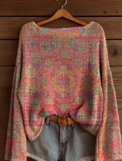 Clearance Women's Sweater Casual Soft Floral Graphic Ribbed Boat Neck Knitted Print Long Sleeve Regular Tops Knit Outdoor Daily Weekend Pink Red Spring Fall Women Pullovers & Tops